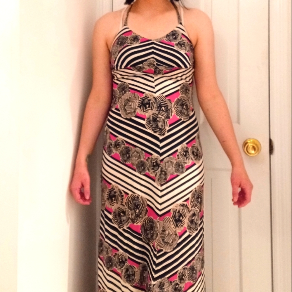 Patterned black, white, pink halter maxi dress. Small xhilaration